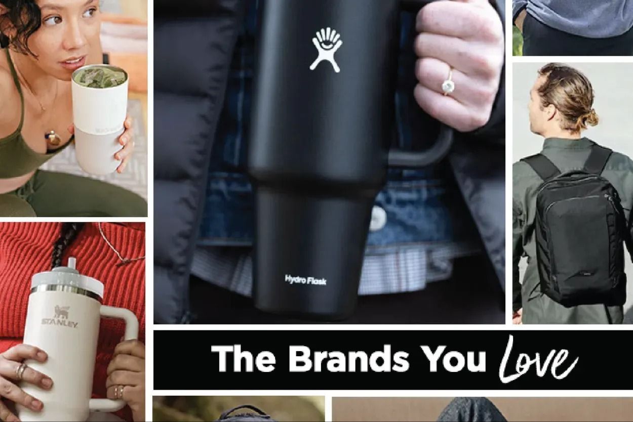A collage of photos of people holding various items with the words `` the brands you love '' at the top.