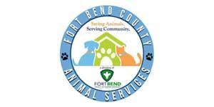 Logo for Fort Bend County Animal Services: a blue circle with text, paw prints, and a central graphic of a dog, cat, and house.