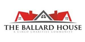 Logo for The Ballard House, a Cinco Charities Community. Features three houses with red roofs, the middle one with a gray roof. Text below.