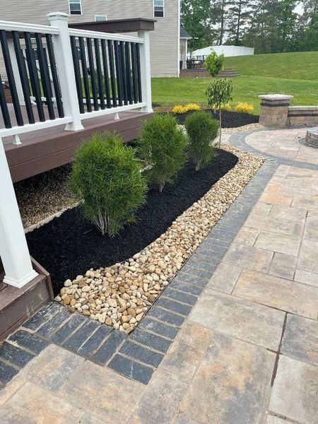 A backyard deck with white railings, a stone paver patio, and a garden bed featuring three small evergreens in black mulch.