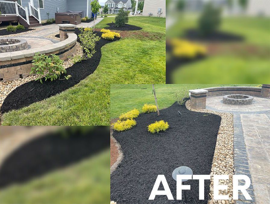 A side-by-side view of a backyard patio landscape before and after fresh mulch and stone installation.