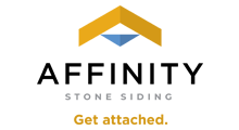 Logo for Affinity Stone Siding, featuring a yellow and blue geometric design above black text. The slogan