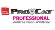 Logo for Owens Corning ProCat loosefill insulation; text with a cartoon cat head.