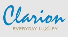 Clarion logo in blue script, with