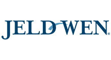 JELD-WEN logo, dark blue text with a stylized blue arch over the