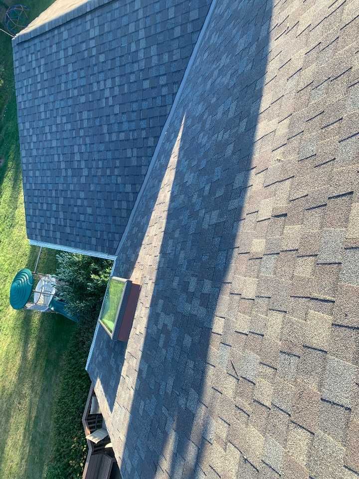 An aerial view of a roof of a house.