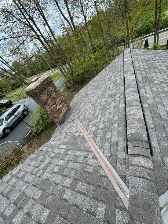 An aerial view of a roof with a chimney and trees in the background.