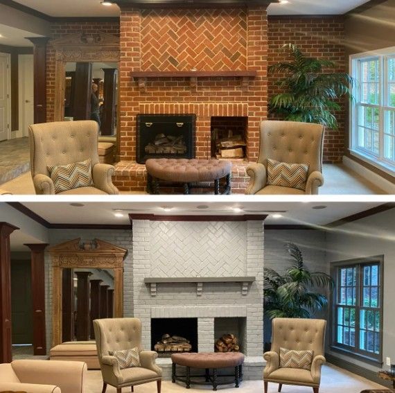 Before-and-after living room fireplace makeover with brick mantel, beige chairs, and coffee table