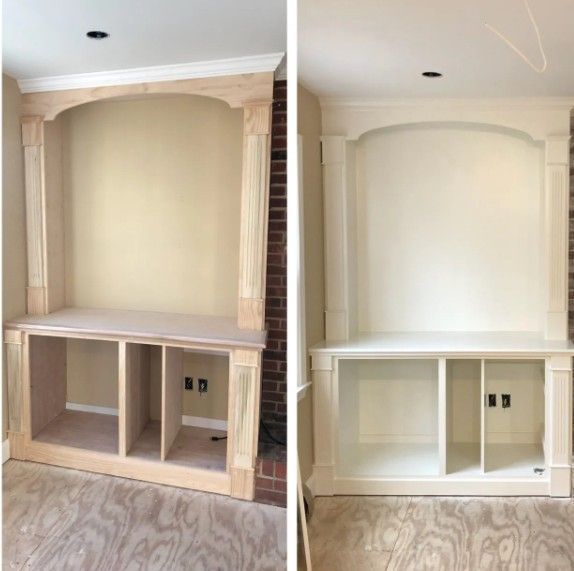 Built-in nook cabinet before and after painting, showing beige wood on the left and white on the right.