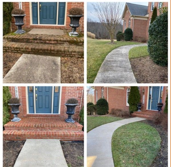 Before-and-after porch and walkway resurfacing at a brick house, showing cracked concrete replaced with smooth concrete.