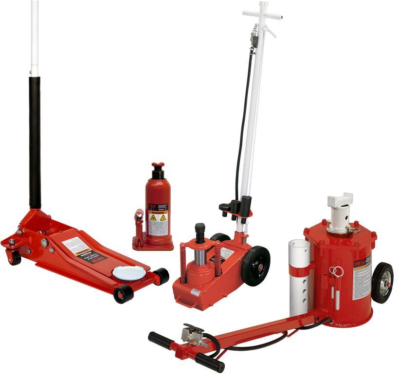 A Group of Red Hydraulic Jacks; (from left to right) Floor Jack, Bottle Jack, Axle Jack, Pot Jack