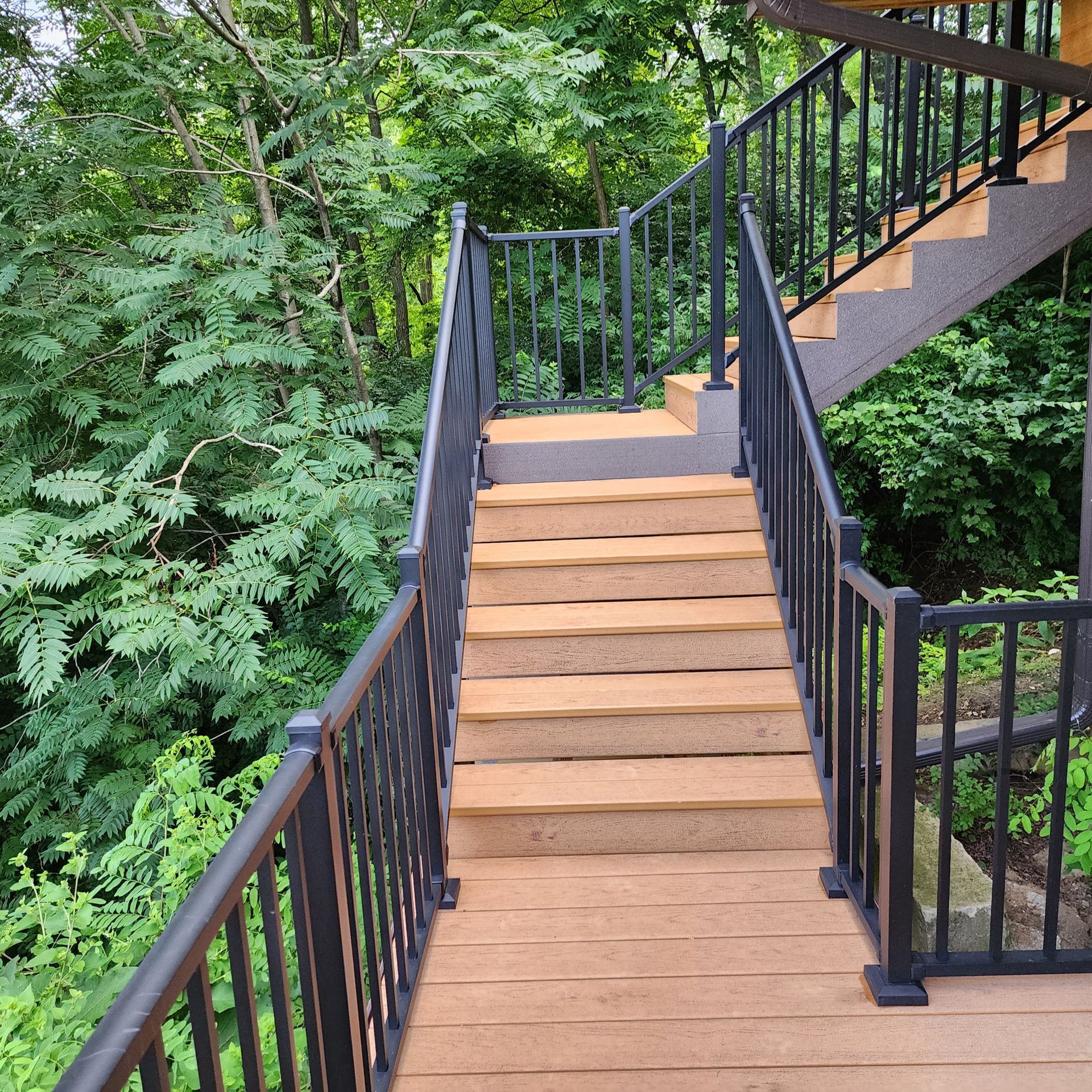 Stairs lead up to a wooden deck surrounded by trees