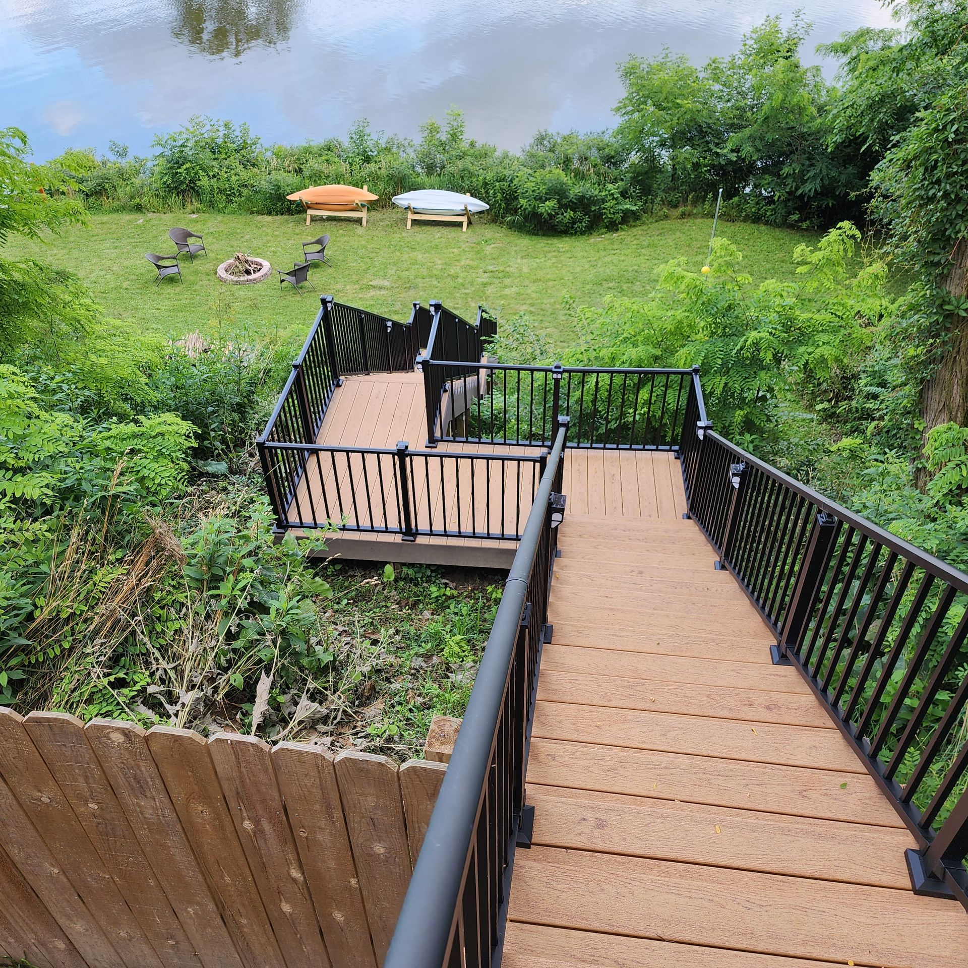 A wooden deck with stairs