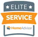 HomeAdvisor Elite Service badge: gray, orange, white text and star details.