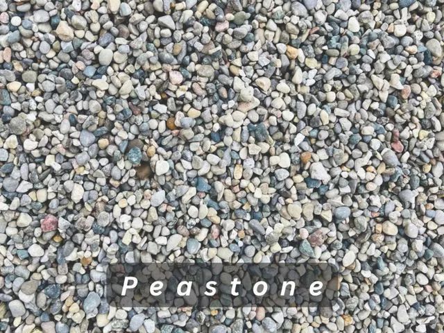 Close-up of gray pebbles with the word “Peastone” overlaid at the bottom.