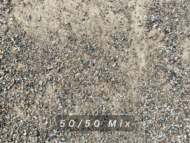 Close-up of tan gravel and sand with the text “50/50 Mix” at the bottom.