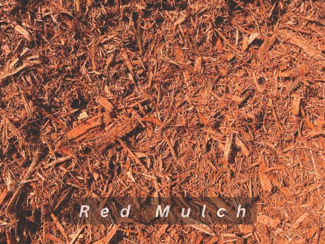 Red mulch with shredded wood texture and the words “Red Mulch” at the bottom