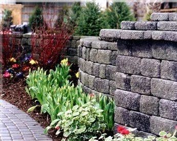 Stone retaining wall beside a curved garden path with green plants and red flowers