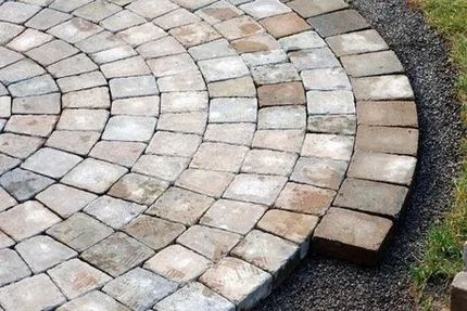 Curved stone paver patio with beige and gray bricks beside gravel and grass edges