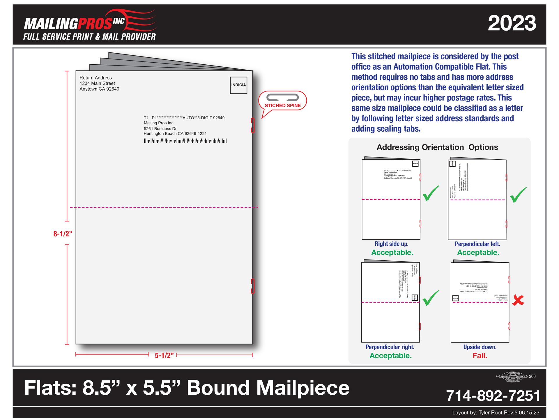 A picture of a bound mail piece with measurements on it