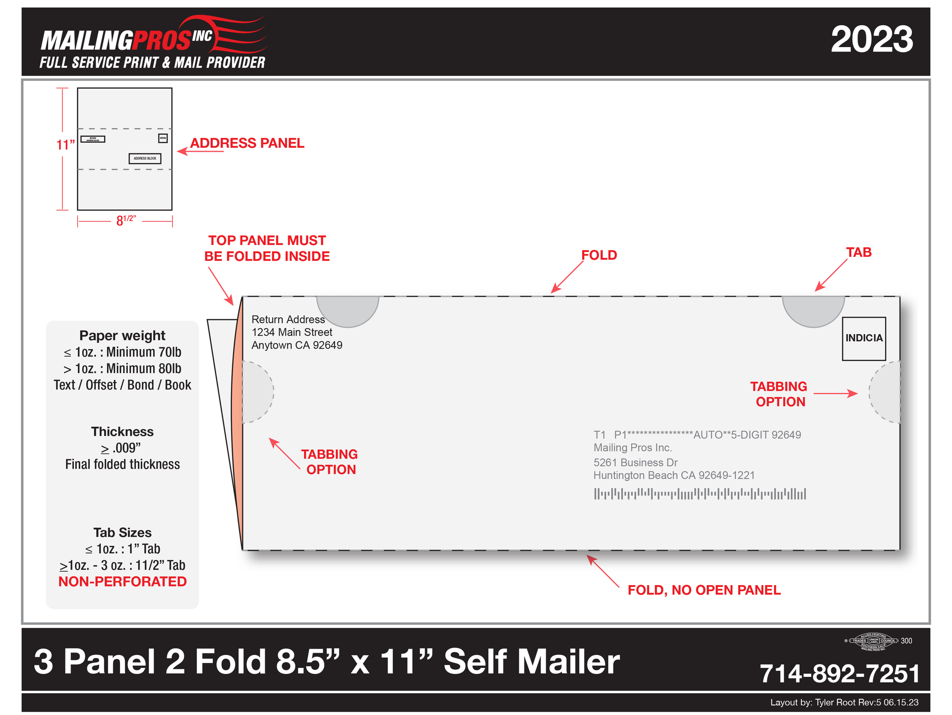 A drawing of a self mailer with the year 2023 on it