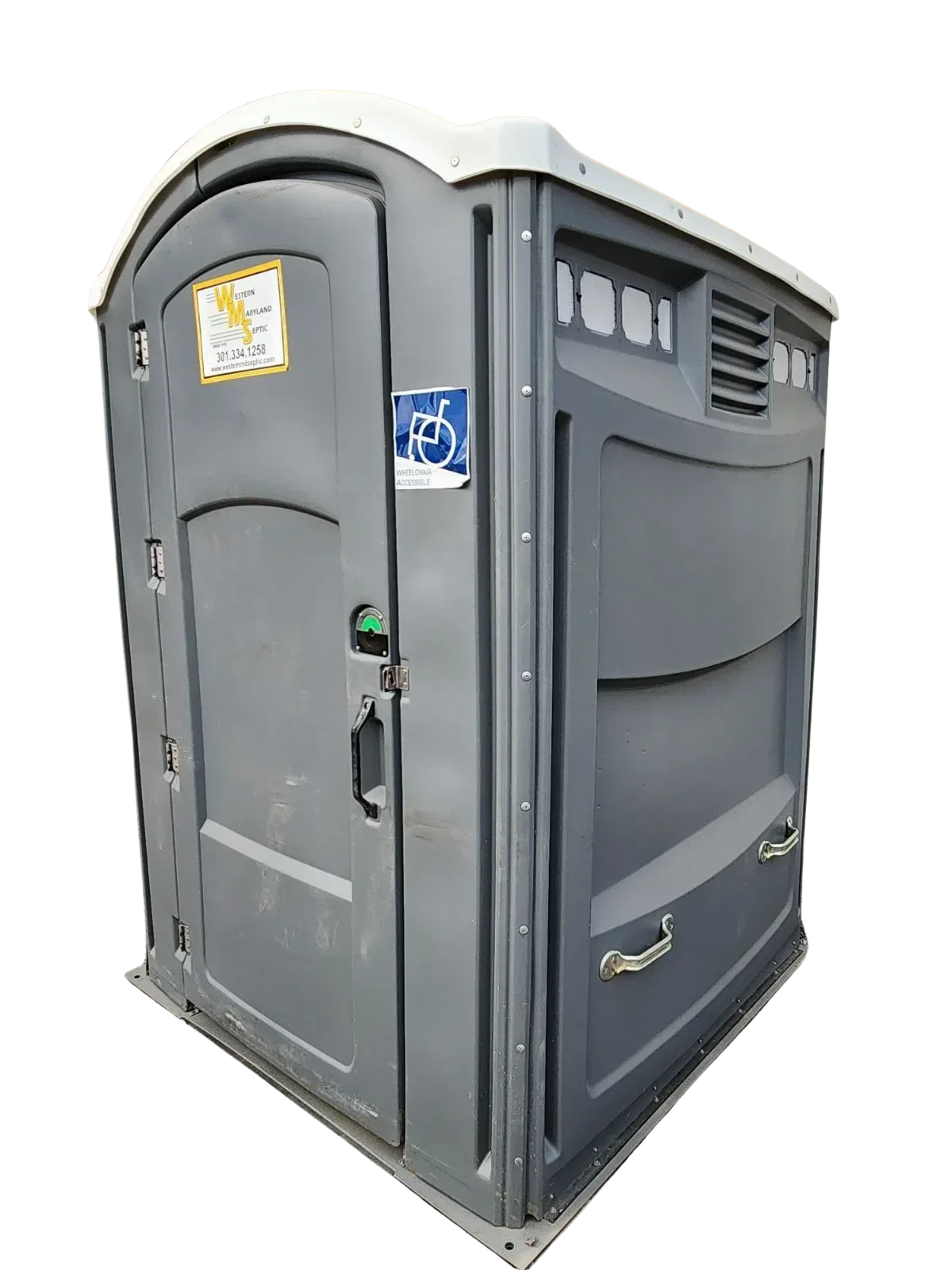 Gray portable toilet with a handicap accessibility sign, shown on a white background
