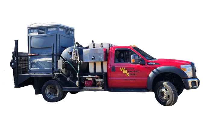 Red utility truck with mounted equipment and blue tank on the back, side view