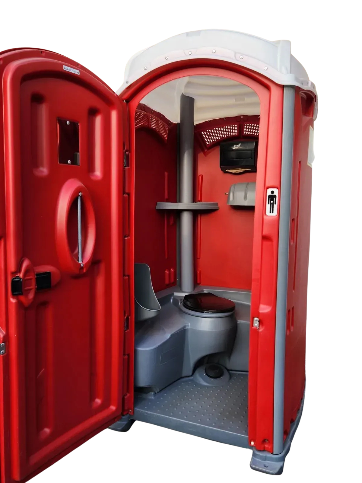 Open red portable toilet with gray toilet seat and sink inside