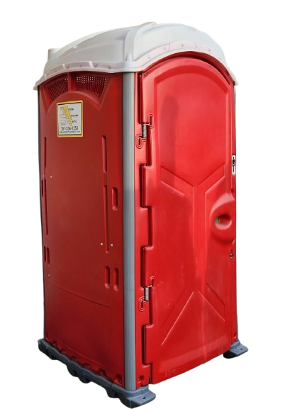 Red portable toilet with white roof and black base on a white background