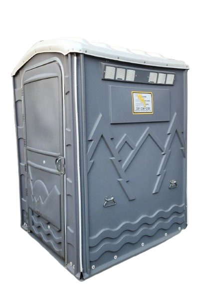 Gray portable toilet with vent windows and wavy paneling on a white background