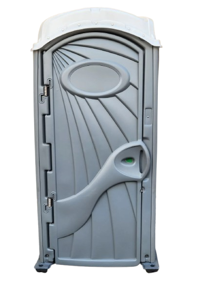 Gray portable plastic toilet with a curved door and oval vent design on the front.