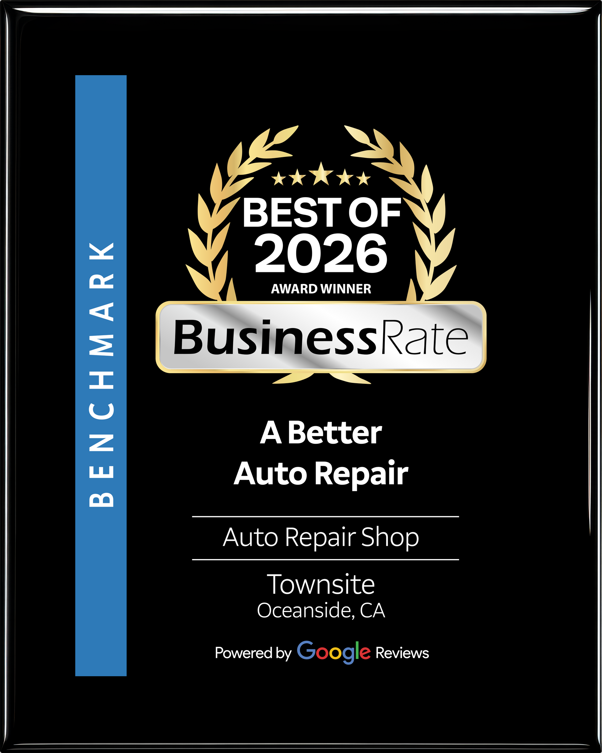 Award plaque for A Better Auto Repair as a 2026 BusinessRate best auto repair shop in Oceanside, CA.