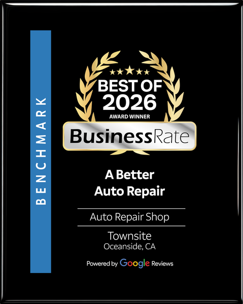 Award plaque for A Better Auto Repair as a 2026 BusinessRate best auto repair shop in Oceanside, CA.