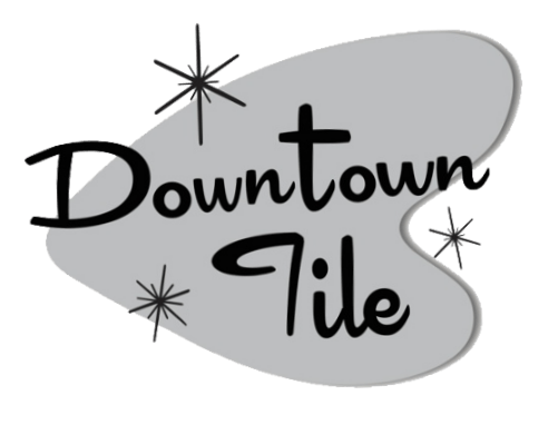 “Downtown Tile” logo in black script on a gray abstract shape with starbursts