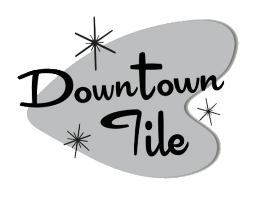 “Downtown Tile” logo in black script on a gray abstract shape with starbursts