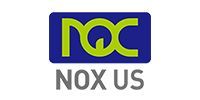Logo for NOX US: Green letters N, O, and C on a blue rectangle. Grey text 