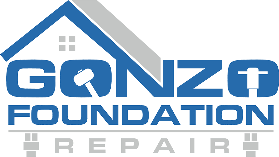 Gonzo Foundation Repair logo with blue house roof icon and gray foundation wall graphic