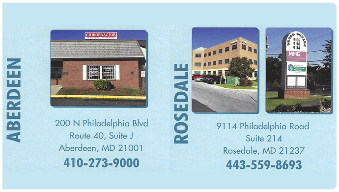 Business card with two locations: Aberdeen (200 N Philadelphia Blvd) and Rosedale (9114 Philadelphia Road). Contact info provided.
