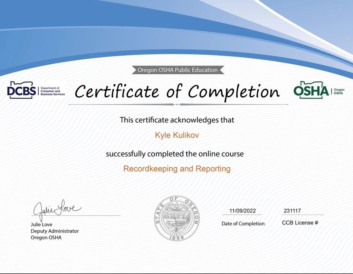 A certificate of completion with a blue background
