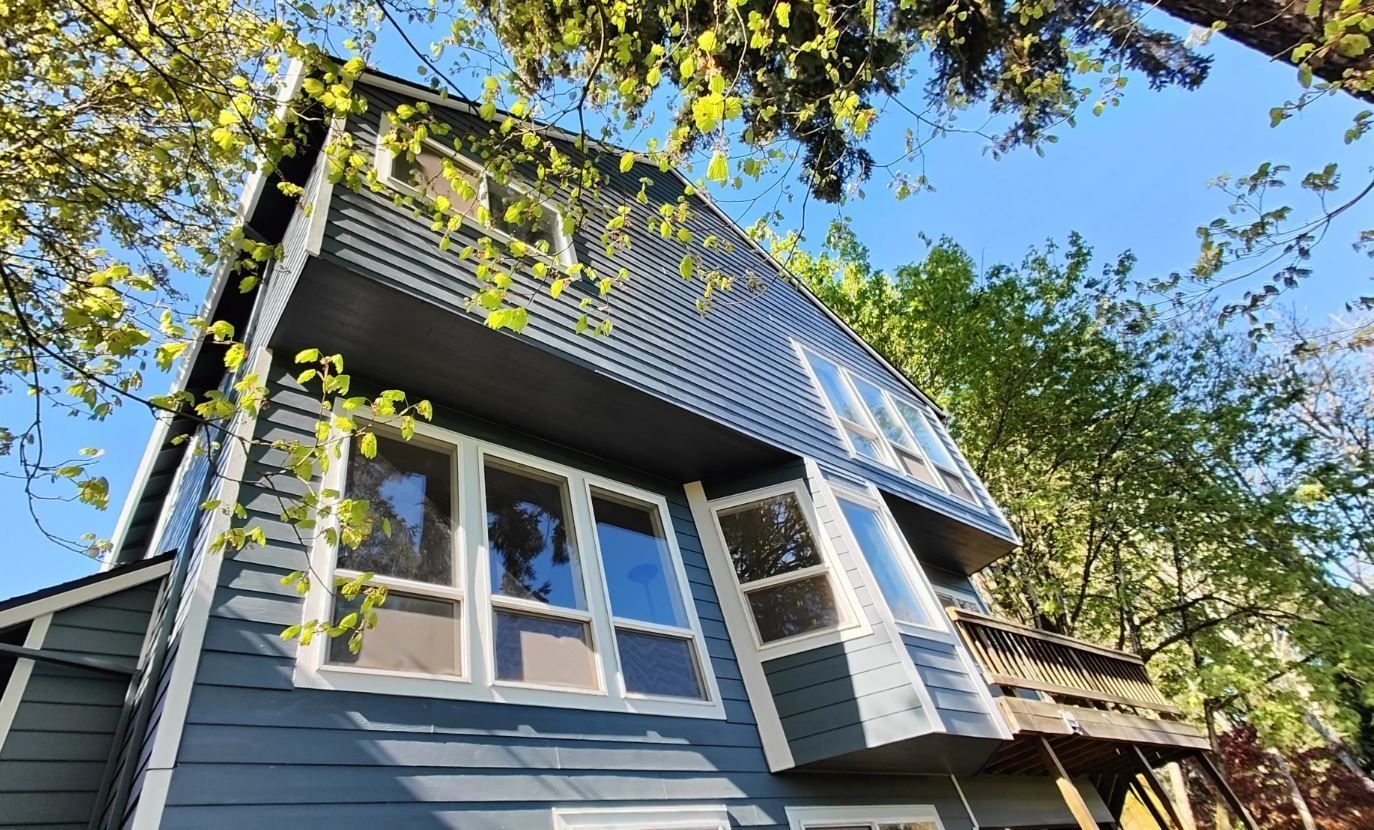 A house with a lot of windows is surrounded by trees on a sunny day.