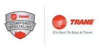 Trane Comfort Specialist badge and Trane logo with tagline “It’s Hard To Stop A Trane.”