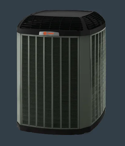 Outdoor air conditioner unit with gray vents and black top cover