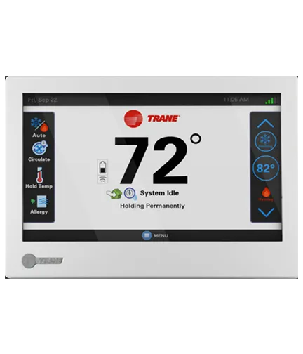 Trane thermostat display showing 72° with system idle and holding permanently enabled