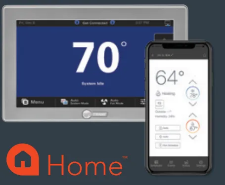 Smart home thermostat and phone app showing 70° and 64° on a dark blue interface with Home logo