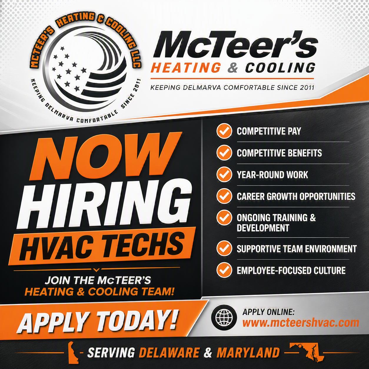 McTeer’s Heating & Cooling hiring flyer: “Now Hiring HVAC Techs” with benefits and apply today details
