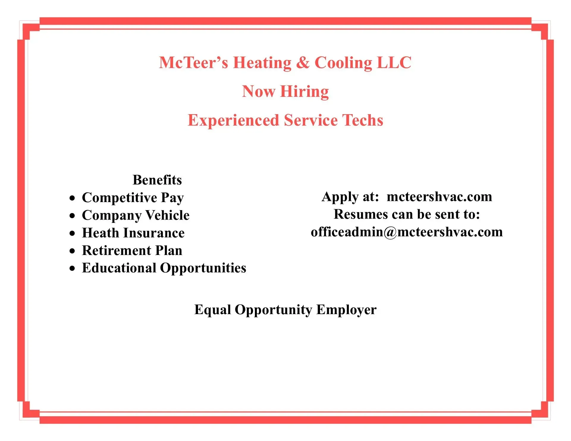 McTeer Heating & Cooling LLC hiring experienced service techs; benefits listed and apply via email/website.