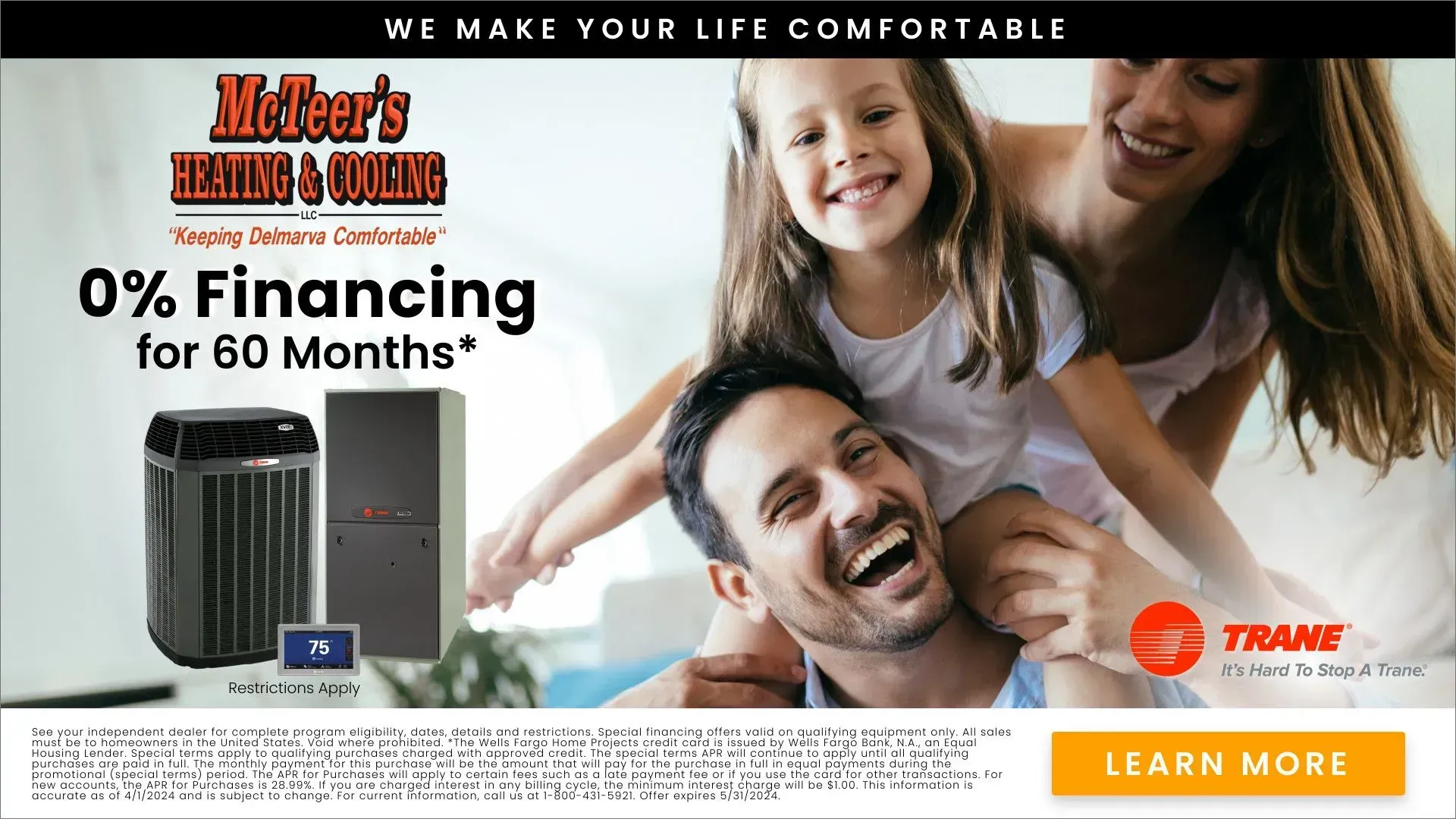 Trane HVAC ad with smiling family, home comfort claim, 0% financing offer, and Learn More button