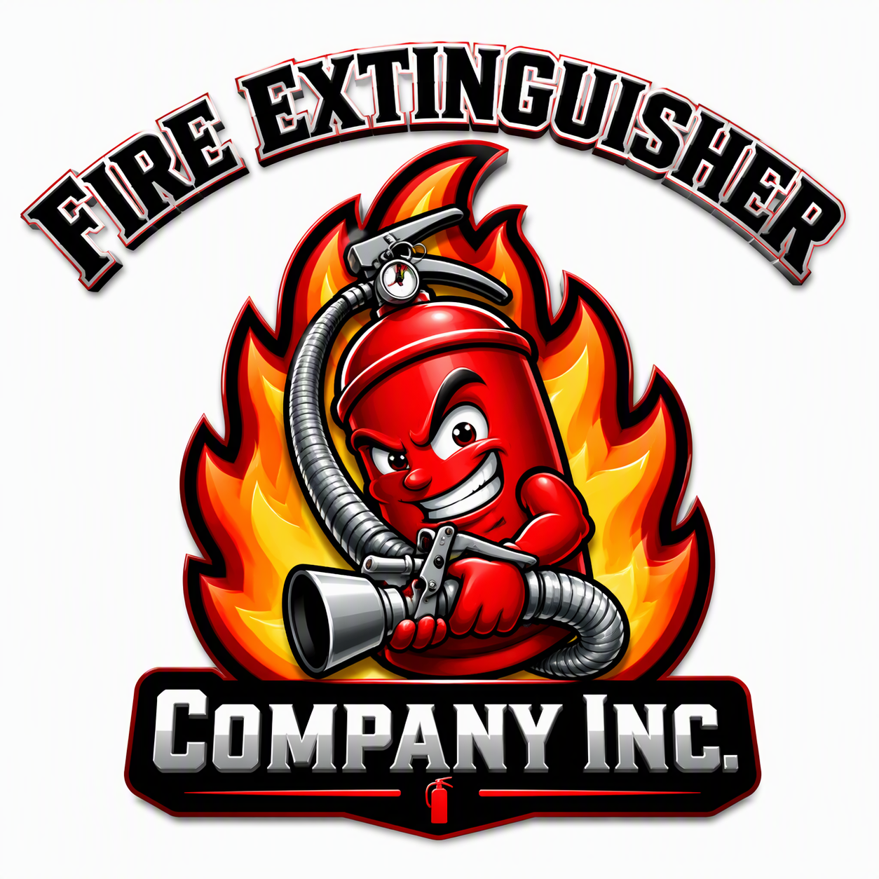 Fire extinguisher company logo with a red cartoon flame holding an extinguisher