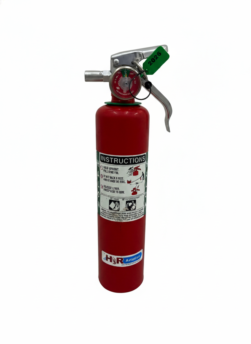 Red fire extinguisher with a wall mount and green inspection tag on a white background