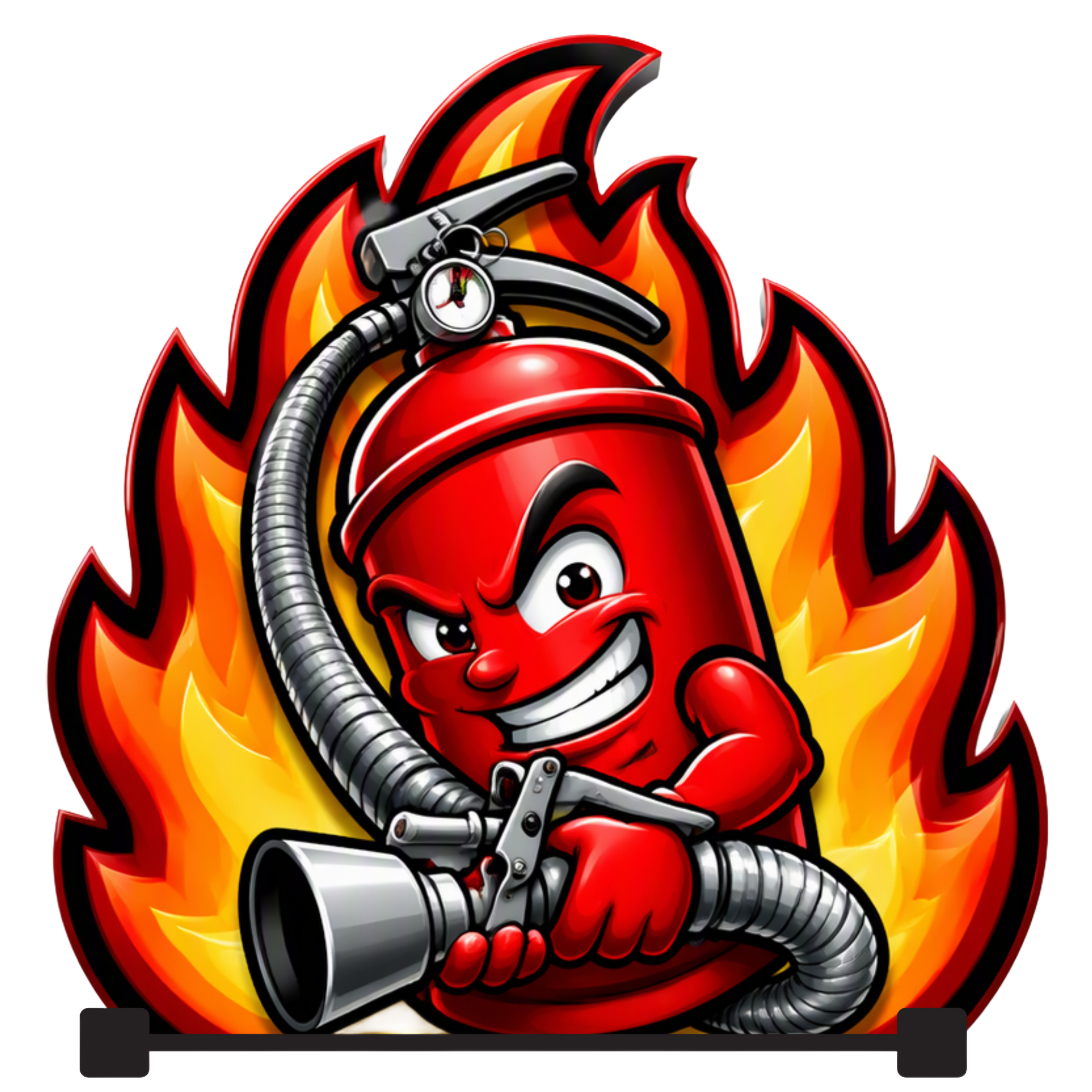Cartoon red flame character with a mischievous grin, yellow flames, and black outline